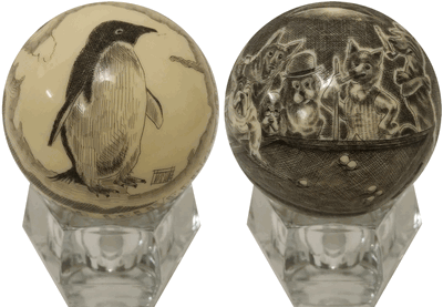 A scrimshaw cue ball from Antartica